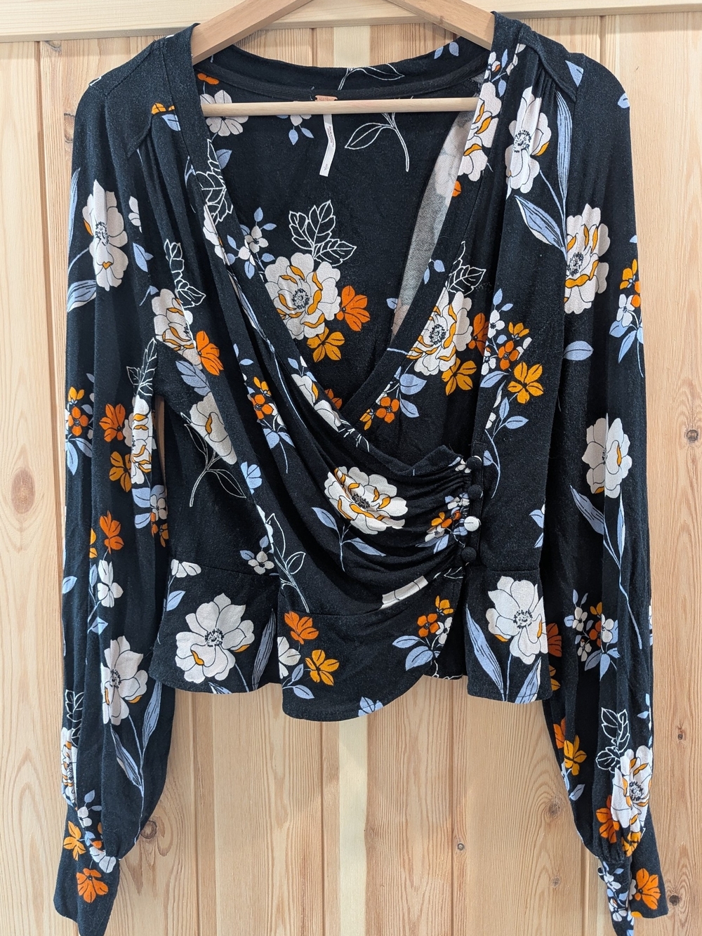 Free People Black Floral Wrap Top with Cream and Light Blue Accents - Picture 2 of 7